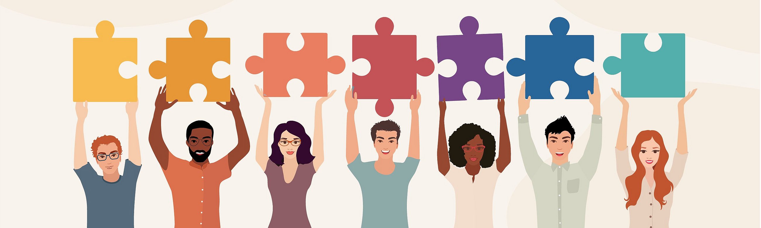 Illustration verschiedener Menschen, die Puzzleteile in die Höhe halten